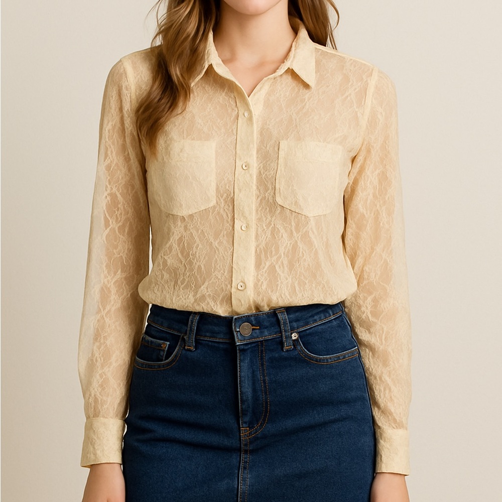 Free People Sheer Lace Button Down Blouse Cream XS